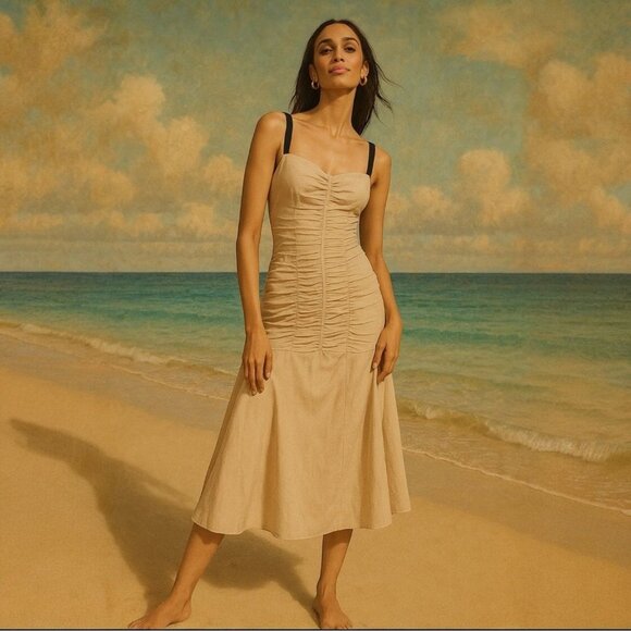 Anthropologie ATSU Ruched Drop Waist Beige Midi Linen Blend Strap Dress 2 - Picture 4 of 11